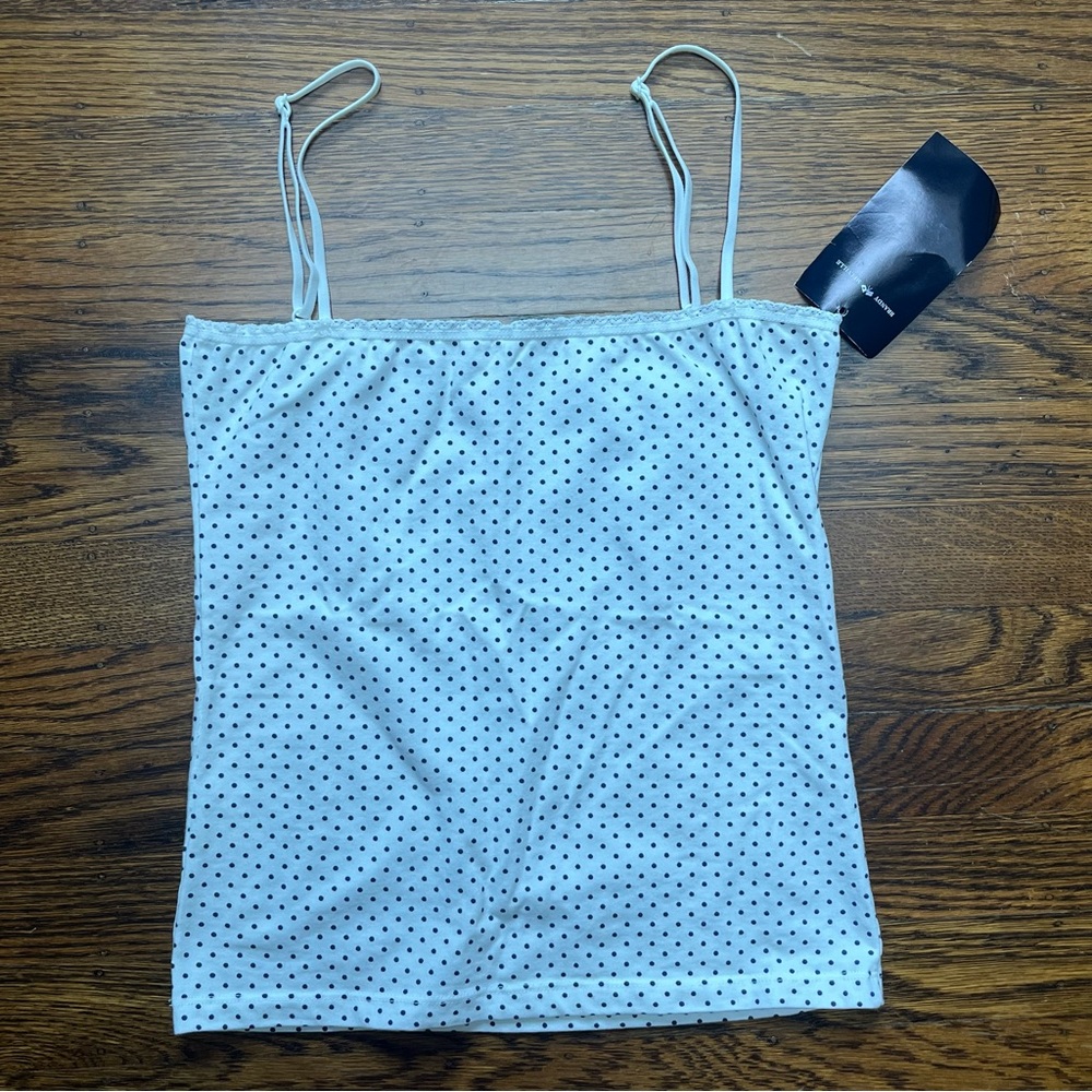 New With Tags Brandy Melville White & Black Polka Dot Lace Trim Square Neck Cami